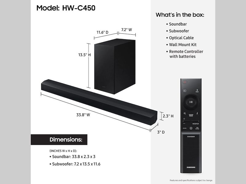SAMSUNG HW-C450 2.1ch Soundbar w/DTS Virtual X, Subwoofer Included, Bass Boost, Adaptive Sound Lite, Game Mode, Bluetooth, Wireless Surround Sound Compatible (Newest Model),Black - Image 2